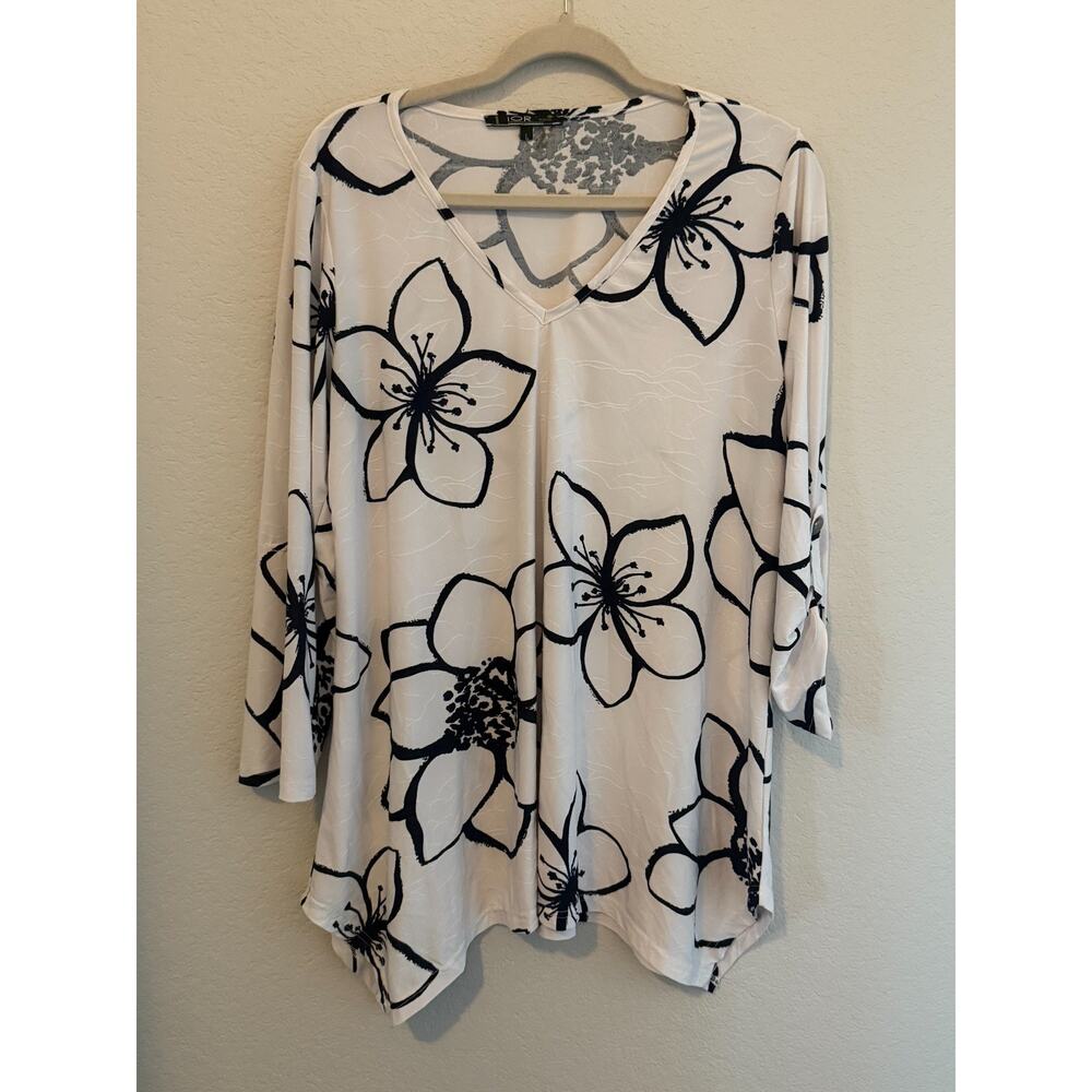 Lior Paris Womens Blouse White Black Floral Flowy Tunic Top Cruise Travel - M
